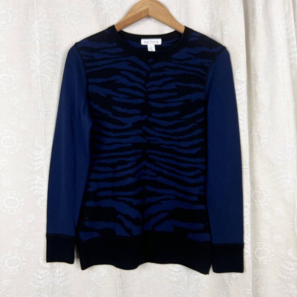 Belford zebra print cotton blend crewneck sweater blue black colorblock stretch